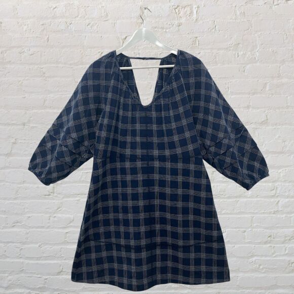 Wrap London Navy Plaid Balloon Sleeve Mini Dress L - Picture 2 of 14